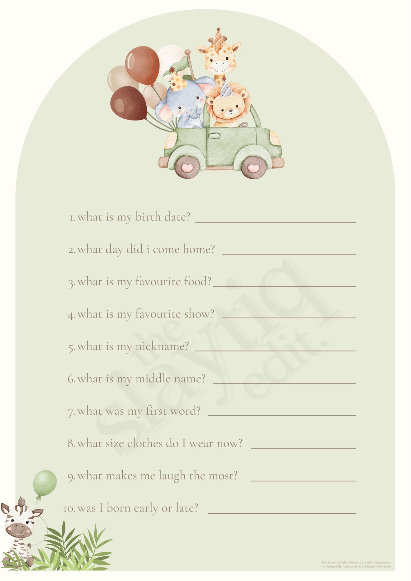 First Birthday Memory Questionnaire Template - Sage Safari