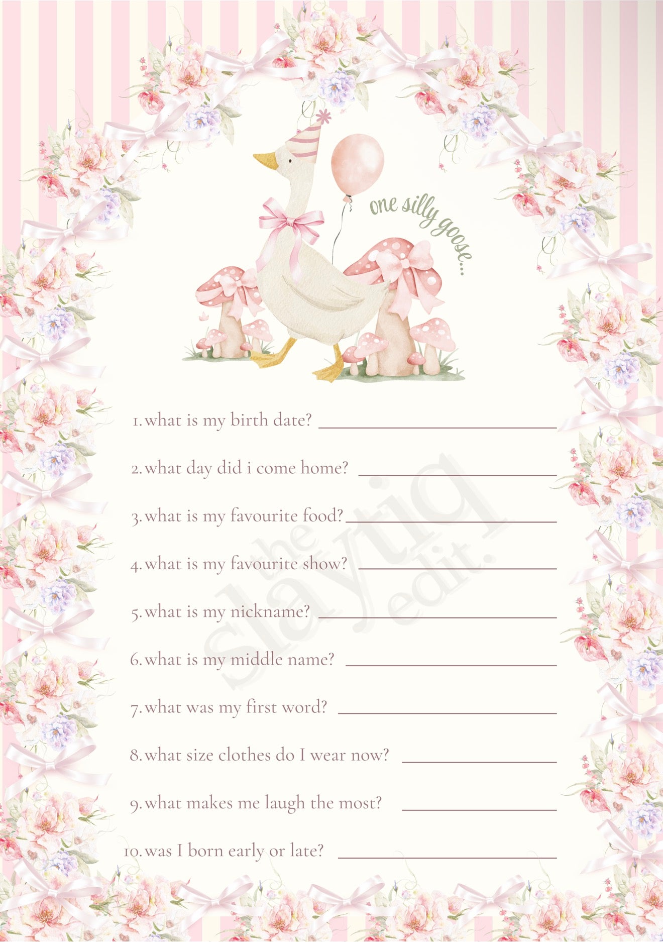 First Birthday Memory Questionnaire Template - One Silly Goose