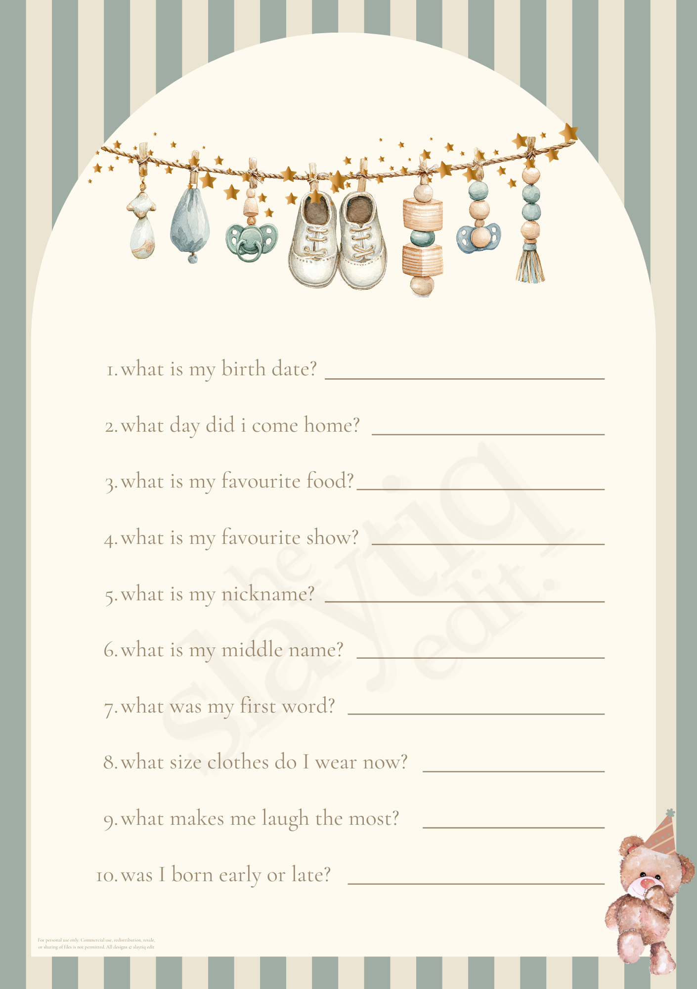 First Birthday Memory Questionnaire Template - Teddy & Treasures
