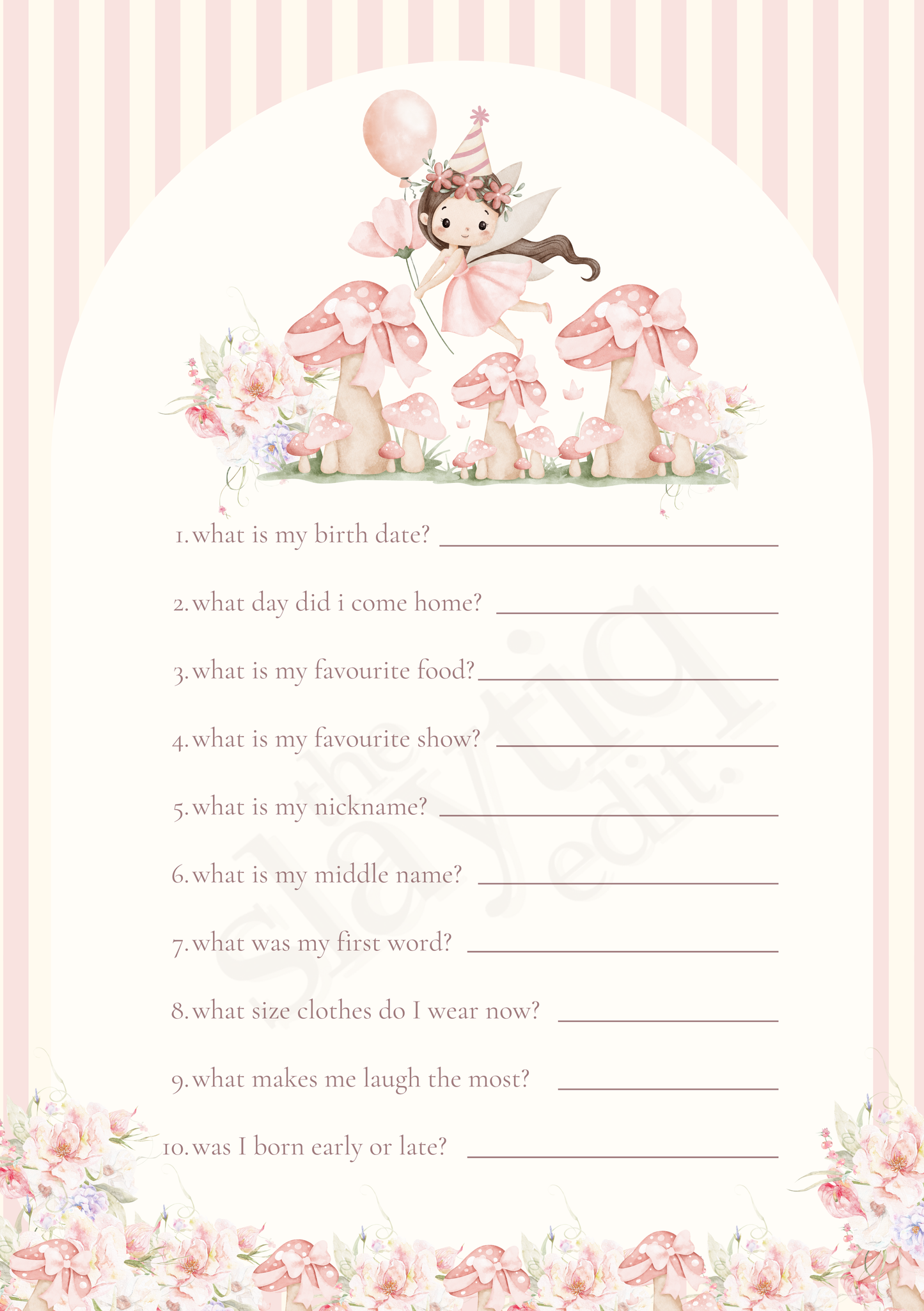 First Birthday Memory Questionnaire Template - Magical Fairy Garden