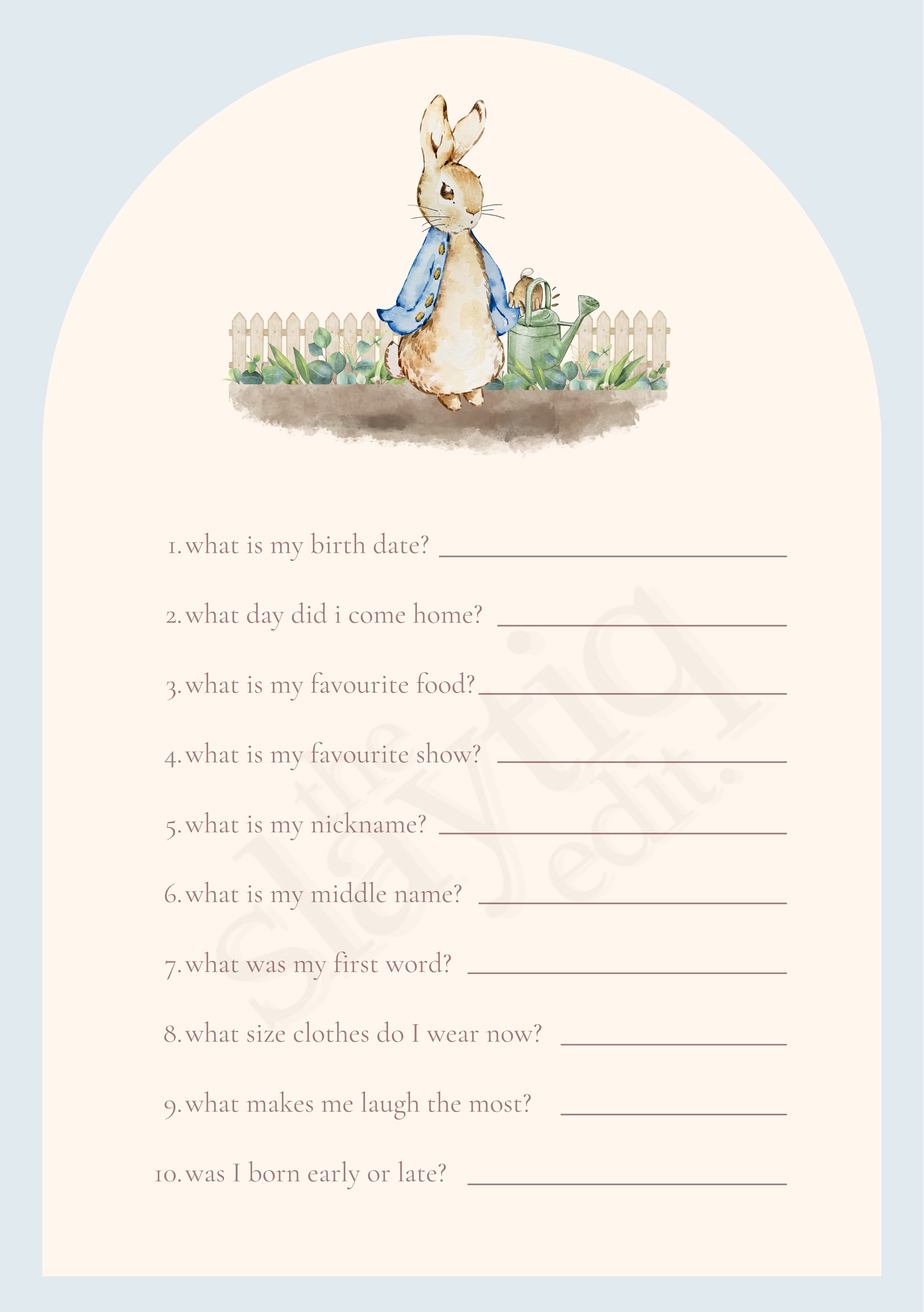 First Birthday Memory Questionnaire -
Peter Rabbit: A Blue Garden Tale