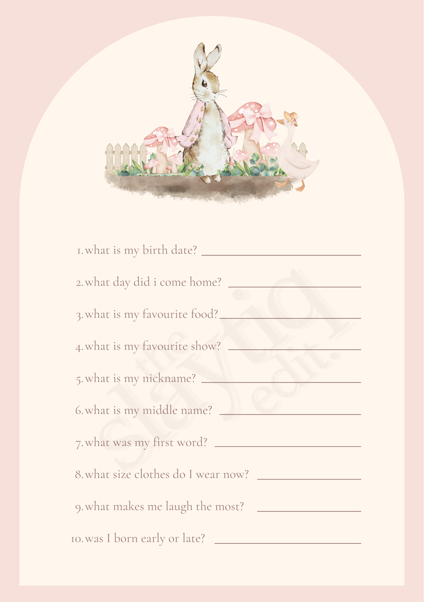 First Birthday Memory Questionnaire -
Peter Rabbit: A Blush Garden Tale