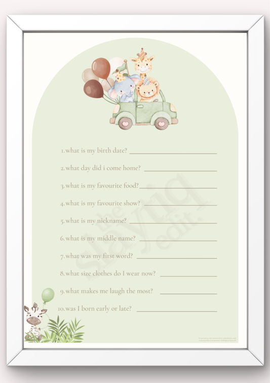 First Birthday Memory Questionnaire Template - Sage Safari