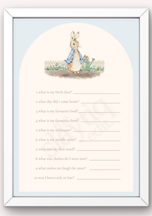 First Birthday Memory Questionnaire  -
Peter Rabbit: A Blue Garden Tale