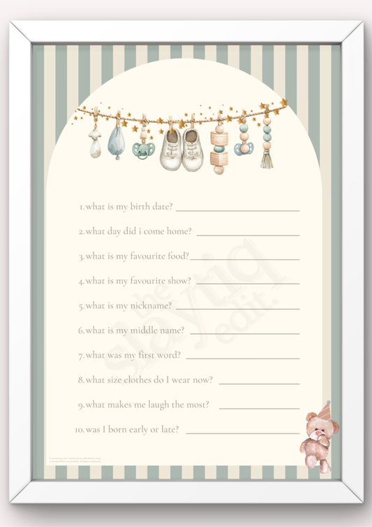 First Birthday Memory Questionnaire Template - Teddy & Treasures