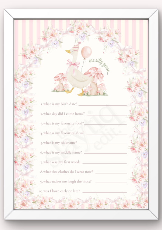 First Birthday Memory Questionnaire Template - One Silly Goose